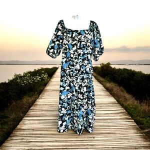 Ophelia Roe Floral Button‎ Front Puff Short Sleeves Midi Dress Size L